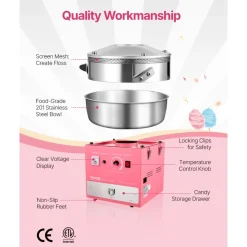 VEVOR Electric Cotton Candy Machine, 1000W Commercial Candy Floss Maker with 20.5 in Stainless Steel Bowl, Sugar Scoop, and Drawer, Easy Home Use, Perfect for Kids Birthday, Family Party, Pink
