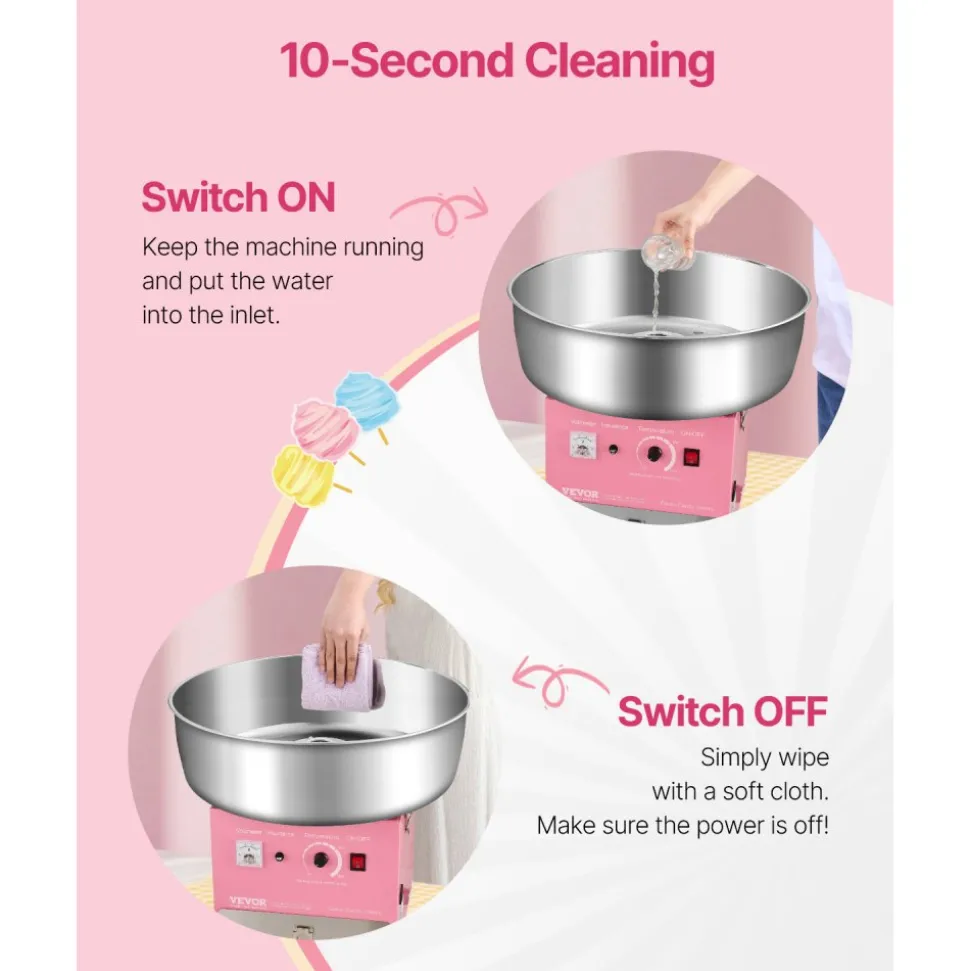 VEVOR Electric Cotton Candy Machine, 1000W Commercial Candy Floss Maker with 20.5 in Stainless Steel Bowl, Sugar Scoop, and Drawer, Easy Home Use, Perfect for Kids Birthday, Family Party, Pink