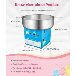 VEVOR Electric Cotton Candy Machine, 1000W Commercial Candy Floss Maker with 20.5 in Stainless Steel Bowl, Sugar Scoop, and Drawer, Easy Home Use, Perfect for Kids Birthday, Family Party, Blue