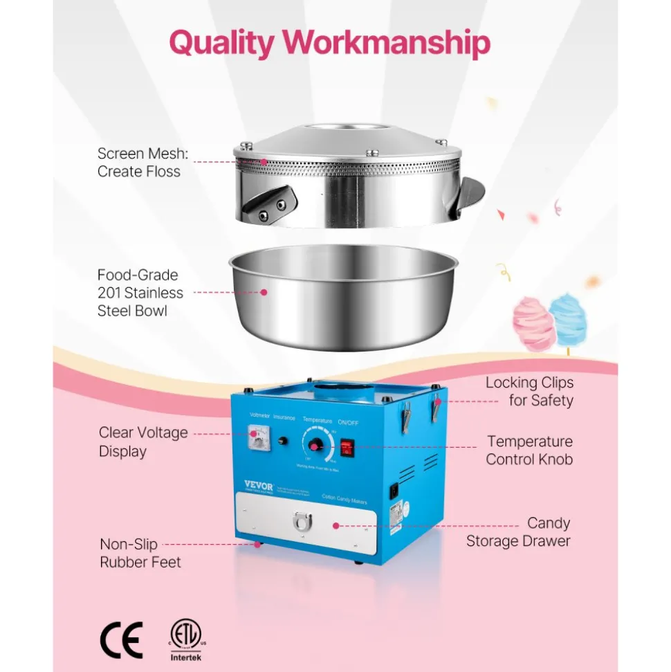 VEVOR Electric Cotton Candy Machine, 1000W Commercial Candy Floss Maker with 20.5 in Stainless Steel Bowl, Sugar Scoop, and Drawer, Easy Home Use, Perfect for Kids Birthday, Family Party, Blue