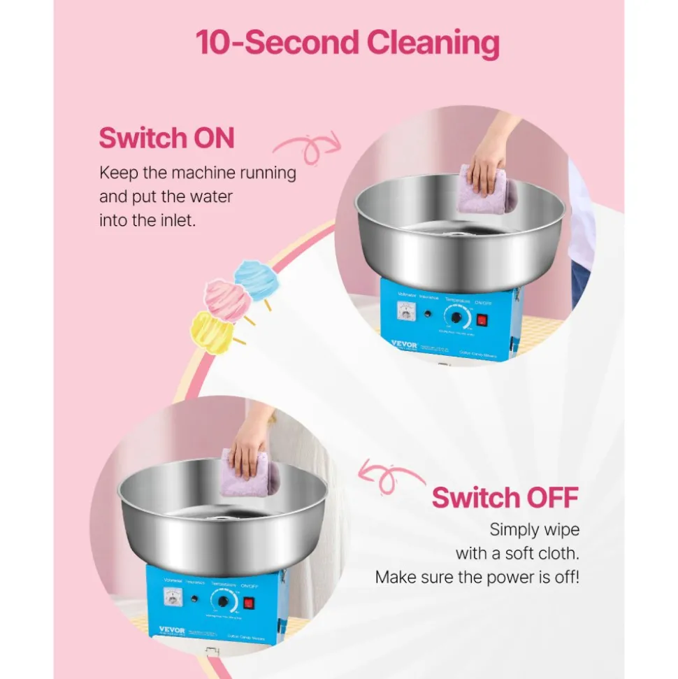VEVOR Electric Cotton Candy Machine, 1000W Commercial Candy Floss Maker with 20.5 in Stainless Steel Bowl, Sugar Scoop, and Drawer, Easy Home Use, Perfect for Kids Birthday, Family Party, Blue