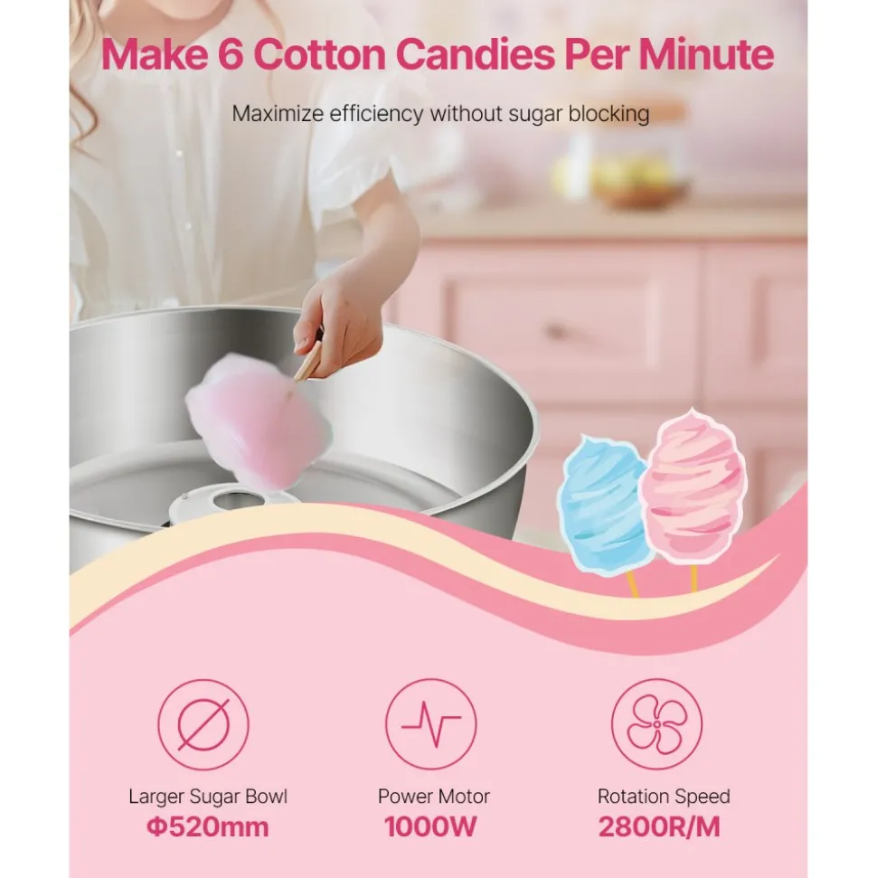 VEVOR Electric Cotton Candy Machine, 1000W Commercial Candy Floss Maker with 20.5 in Stainless Steel Bowl, Sugar Scoop, and Drawer, Easy Home Use, Perfect for Kids Birthday, Family Party, Blue