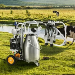 VEVOR Electric Cow Milking Machine, 6.6 Gal / 25 L 304 Stainless Steel Bucket, Automatic Pulsation Vacuum Milker, Portable Milker with Food-grade Silicone Cups and Tubes, Adjustable Pressure