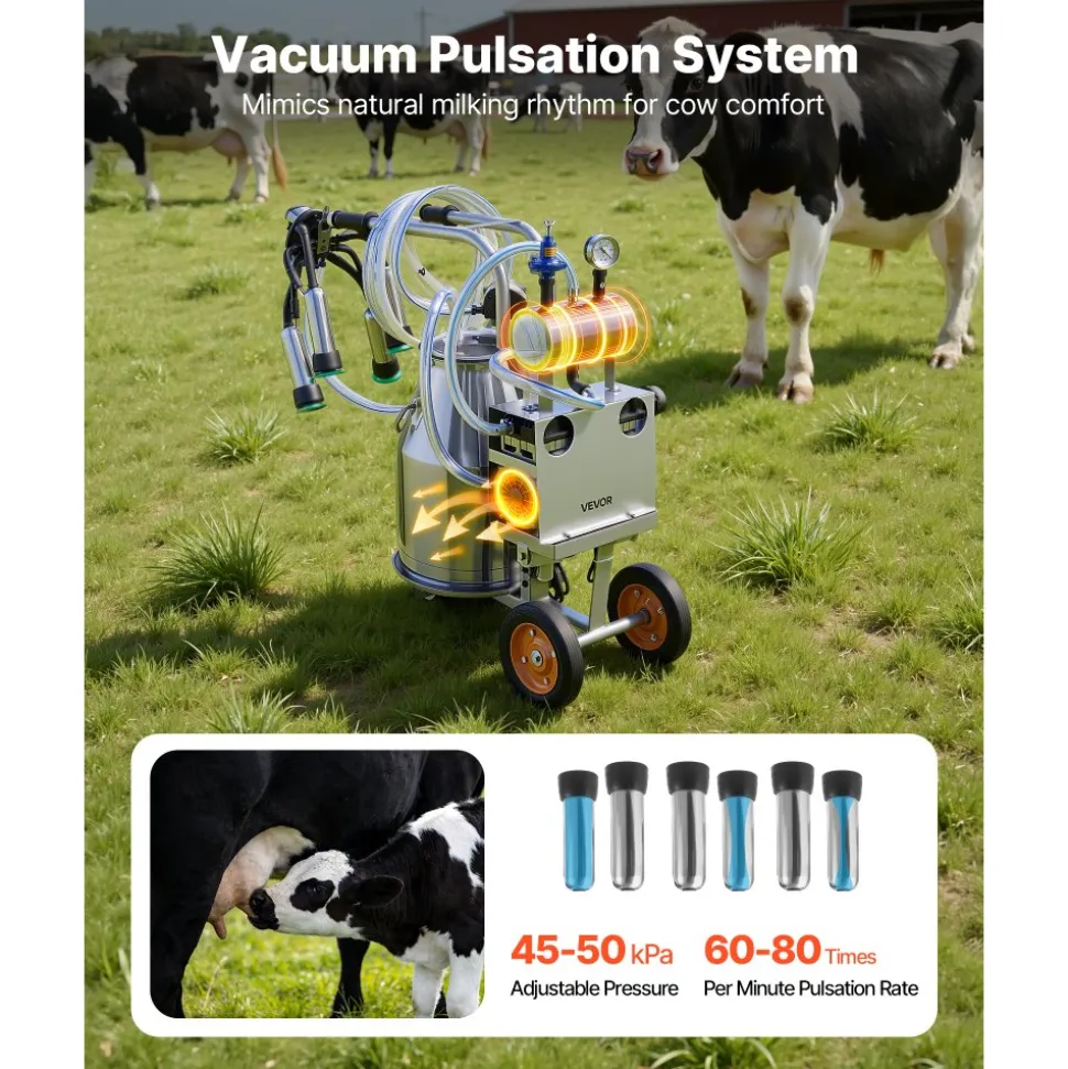 VEVOR Electric Cow Milking Machine, 6.6 Gal / 25 L 304 Stainless Steel Bucket, Food-Grade Teat Cups and Silicone Hose, Strong Suction, Vacuum Pulsation, Electric Milker Machine with Wheels for Cow