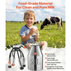 VEVOR Electric Cow Milking Machine, 6.6 Gal / 25 L 304 Stainless Steel Bucket, Food-Grade Teat Cups and Silicone Hose, Strong Suction, Vacuum Pulsation, Electric Milker Machine with Wheels for Cow
