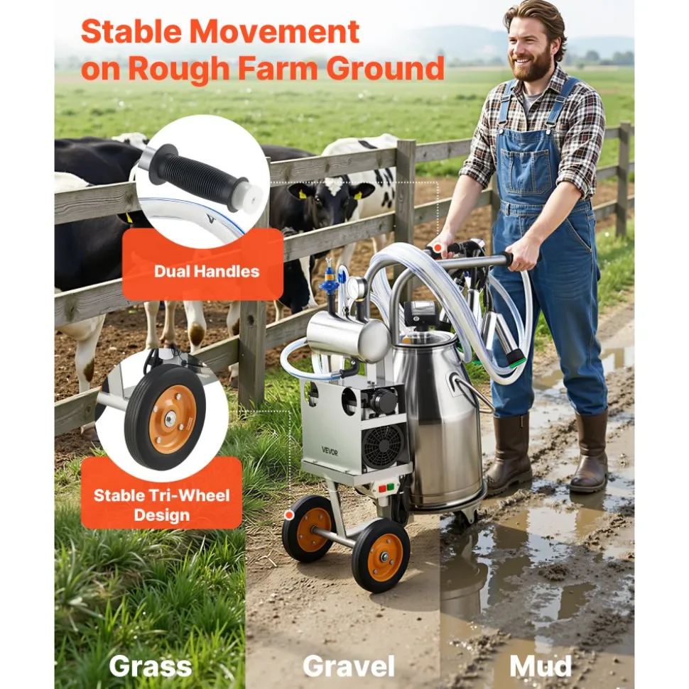 VEVOR Electric Cow Milking Machine, 6.6 Gal / 25 L 304 Stainless Steel Bucket, Food-Grade Teat Cups and Silicone Hose, Strong Suction, Vacuum Pulsation, Electric Milker Machine with Wheels for Cow