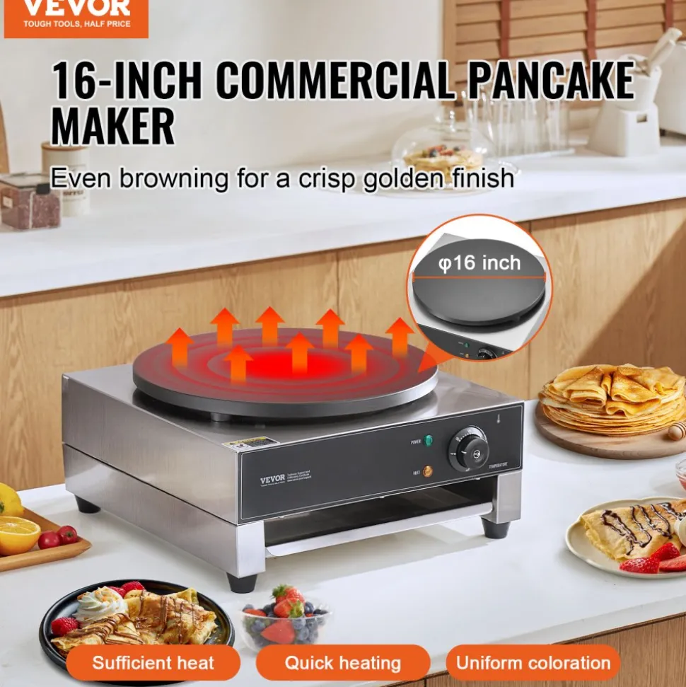 VEVOR Electric Crepe Maker, 16-Inch Commercial Crepe Machine, 1700W Flat Plate Crepe Griddle, Nonstick Stainless Steel Pancake Making Machine, Desktop Circular Cereals Pancake Stove with Temp Control