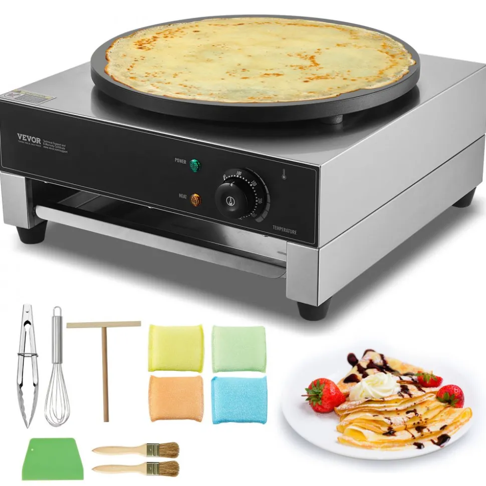 VEVOR Electric Crepe Maker, 16-Inch Commercial Crepe Machine, 1700W Flat Plate Crepe Griddle, Nonstick Stainless Steel Pancake Making Machine, Desktop Circular Cereals Pancake Stove with Temp Control