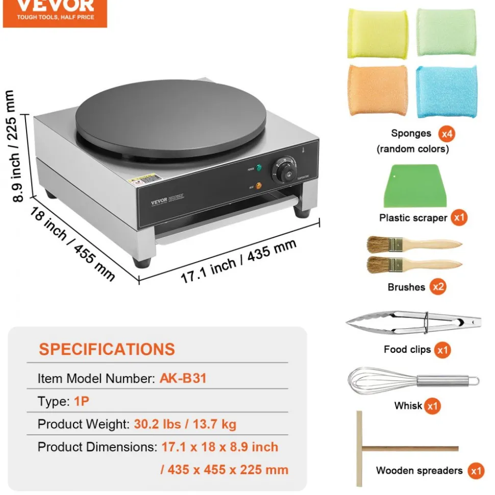 VEVOR Electric Crepe Maker, 16-Inch Commercial Crepe Machine, 1700W Flat Plate Crepe Griddle, Nonstick Stainless Steel Pancake Making Machine, Desktop Circular Cereals Pancake Stove with Temp Control