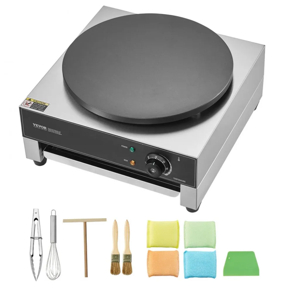 VEVOR Electric Crepe Maker, 16-Inch Commercial Crepe Machine, 1700W Flat Plate Crepe Griddle, Nonstick Stainless Steel Pancake Making Machine, Desktop Circular Cereals Pancake Stove with Temp Control