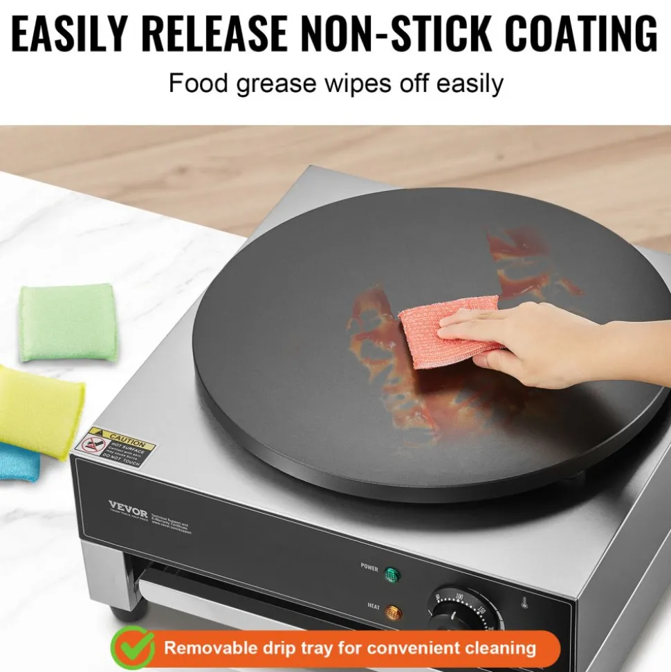 VEVOR Electric Crepe Maker, 16-Inch Commercial Crepe Machine, 1700W Flat Plate Crepe Griddle, Nonstick Stainless Steel Pancake Making Machine, Desktop Circular Cereals Pancake Stove with Temp Control