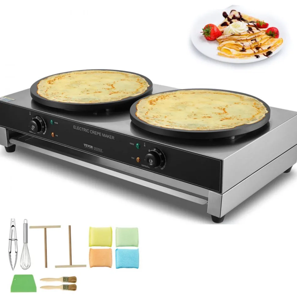 VEVOR Electric Crepe Maker, 16-Inch Double Head Commercial Crepe Machine, 3400W Flat Plate Crepe Griddle, Nonstick Stainless Steel Pancake Making, Desktop Circular Cereals Pancake Stove, AC120V 60Hz