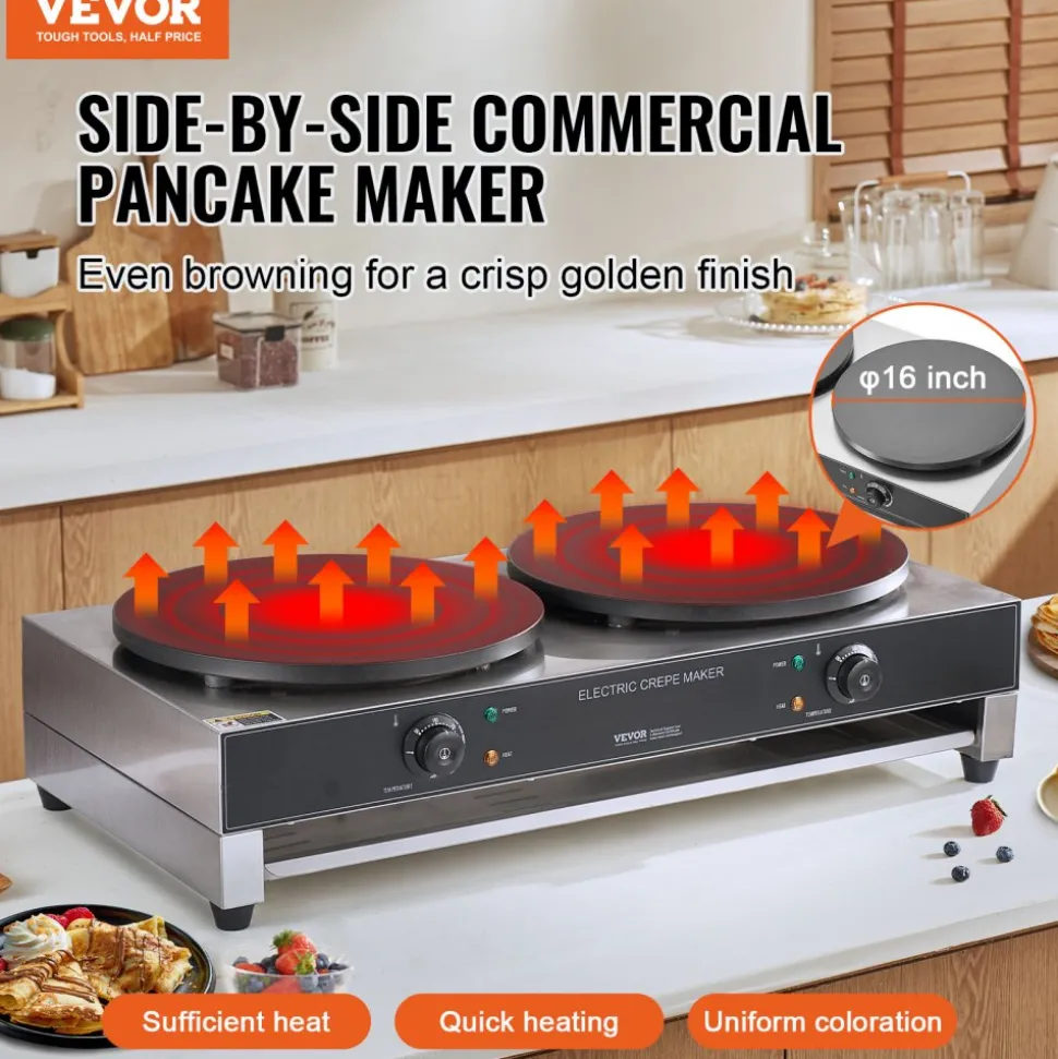VEVOR Electric Crepe Maker, 16-Inch Double Head Commercial Crepe Machine, 3400W Flat Plate Crepe Griddle, Nonstick Stainless Steel Pancake Making, Desktop Circular Cereals Pancake Stove, AC120V 60Hz