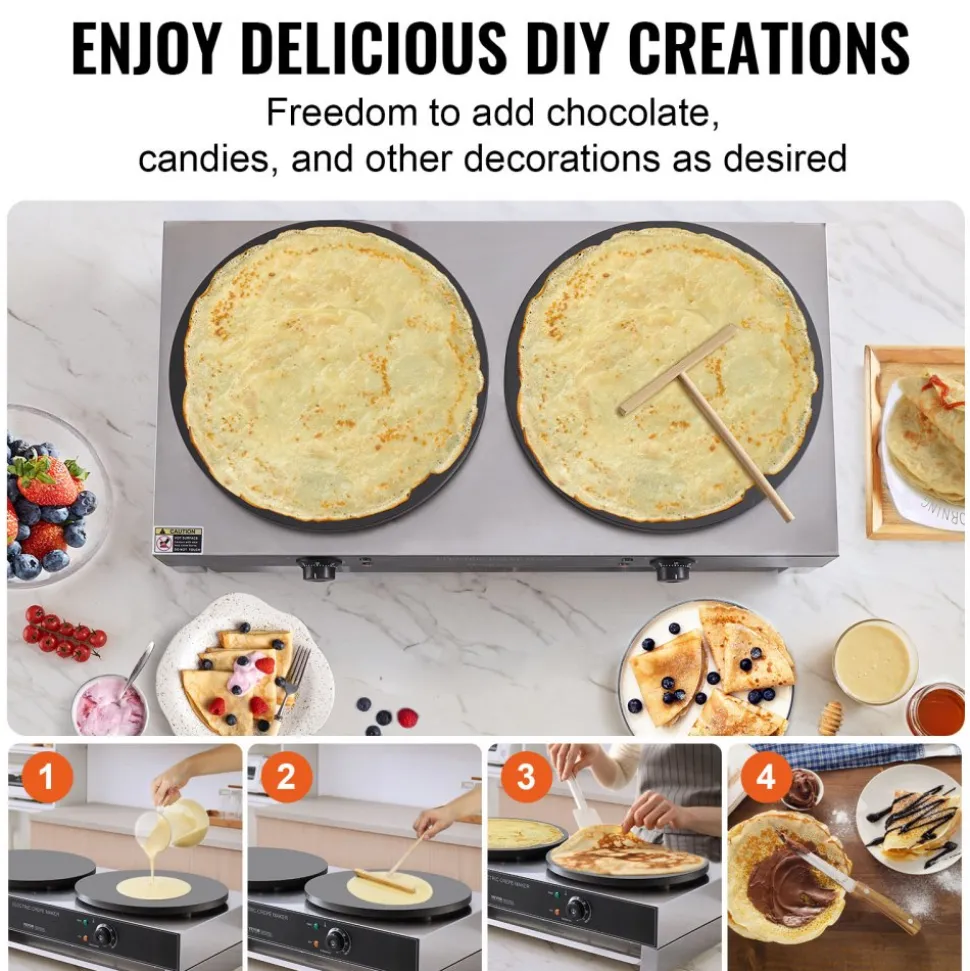 VEVOR Electric Crepe Maker, 16-Inch Double Head Commercial Crepe Machine, 3400W Flat Plate Crepe Griddle, Nonstick Stainless Steel Pancake Making, Desktop Circular Cereals Pancake Stove, AC120V 60Hz