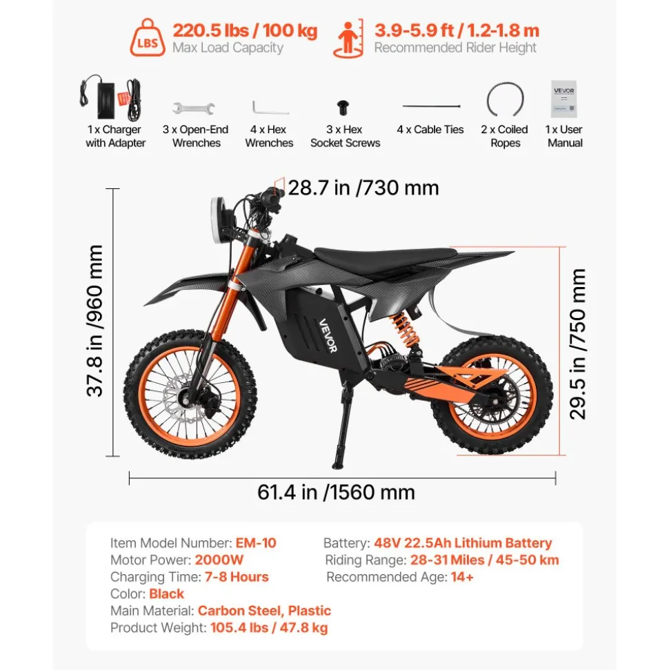 VEVOR Electric Dirt Bike for Teens Adults, 2000W Motor, 31 MPH Speed, 31 Miles Max Range, 48V 22.5Ah Battery, Off-Road Motorcycle with Light, Display, Dual Suspension & Hydraulic Brakes for Age 14+