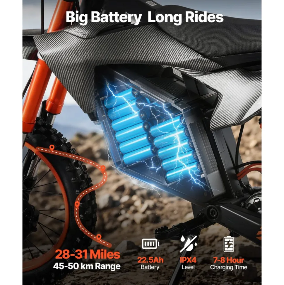 VEVOR Electric Dirt Bike for Teens Adults, 2000W Motor, 31 MPH Speed, 31 Miles Max Range, 48V 22.5Ah Battery, Off-Road Motorcycle with Light, Display, Dual Suspension & Hydraulic Brakes for Age 14+