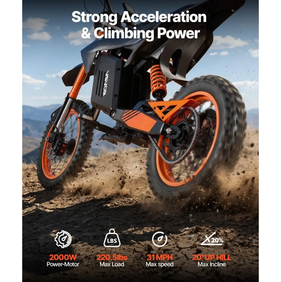 VEVOR Electric Dirt Bike for Teens Adults, 2000W Motor, 31 MPH Speed, 31 Miles Max Range, 48V 22.5Ah Battery, Off-Road Motorcycle with Light, Display, Dual Suspension & Hydraulic Brakes for Age 14+