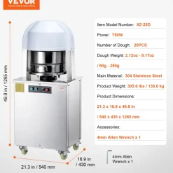 VEVOR Electric Dough Divider, 20PCS Automatic Dough Dividing Cutting Machine, 2.12oz - 9.17oz Equal Dough Cutter with Pure Copper Motor and 304 Stainless Steel Tray, for Bakery, Restaurant