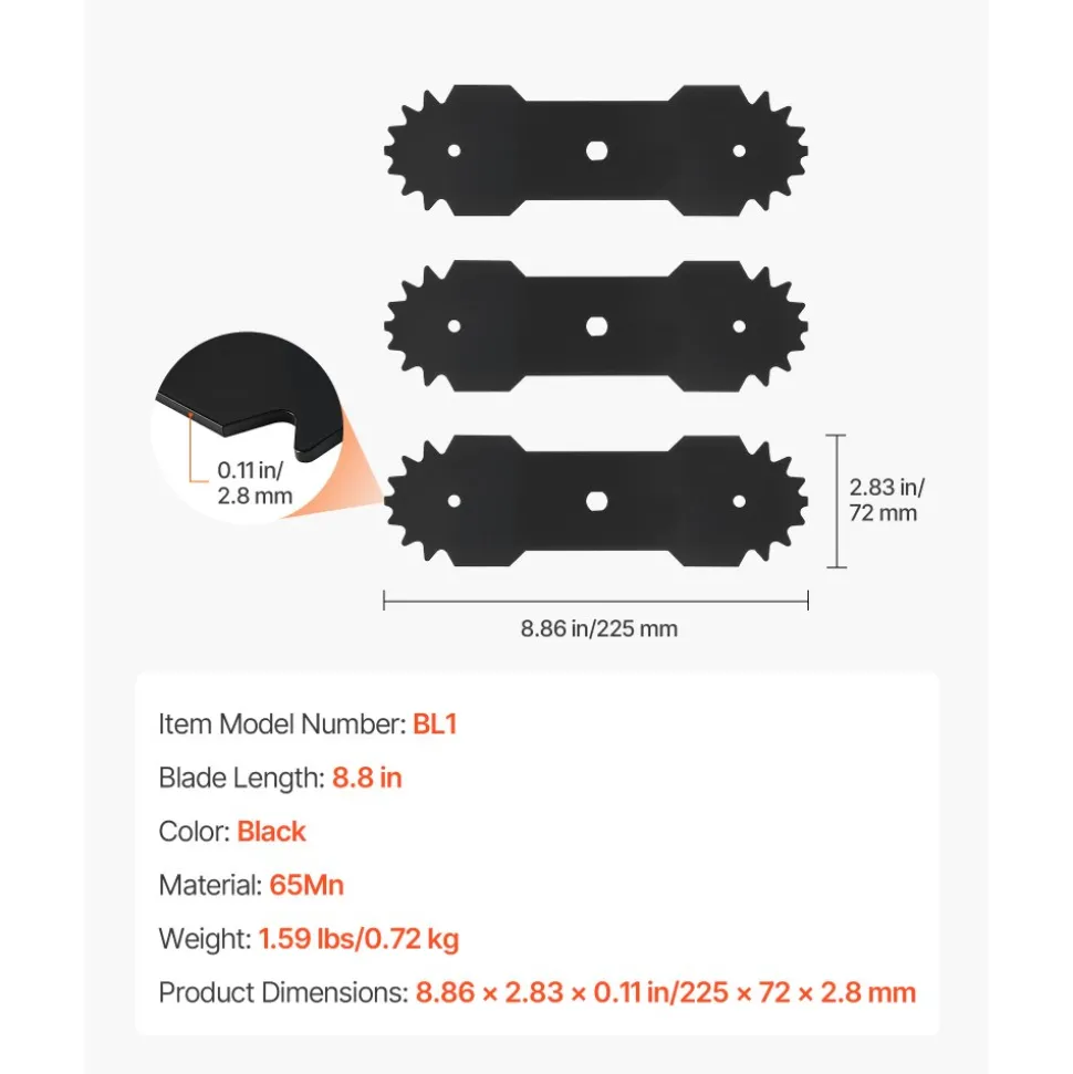 VEVOR Electric Edger Blades, 8.8-inch Length, 3-Pack Replacement Blades, 65Mn High-Carbon Steel with Electrophoretic Coating, Multi-Serrated Sharp Edge, Compatible with the VEVOR ASYTM01230 Edger