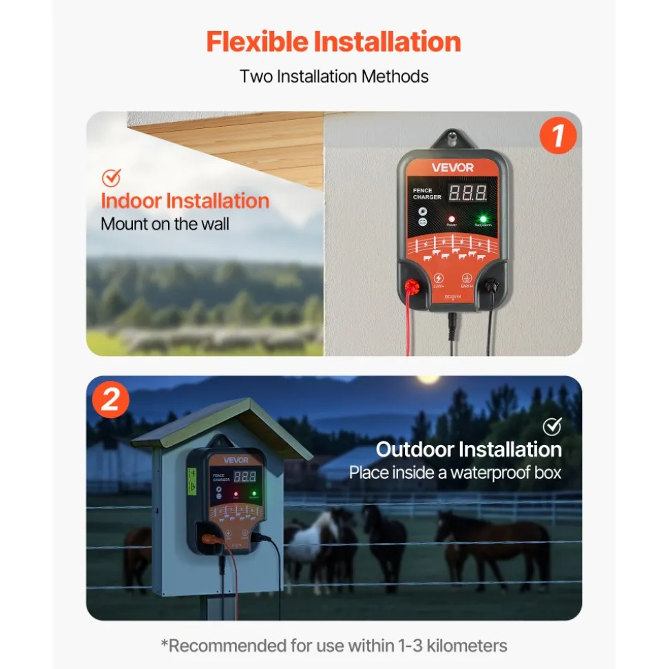 VEVOR Electric Fence Charger, 10kV 3J, AC DC Electric Fence Energizer with LED Indicator, 1.86 Miles Range, Powerful Plug-in Fences Charger, Prevents Wild Animals Intrusion for Livestock Poultry