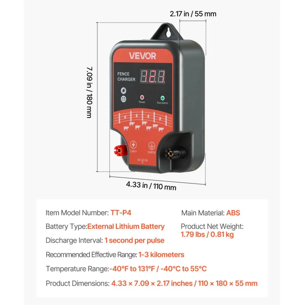 VEVOR Electric Fence Charger, 10kV 3J, AC DC Electric Fence Energizer with LED Indicator, 1.86 Miles Range, Powerful Plug-in Fences Charger, Prevents Wild Animals Intrusion for Livestock Poultry