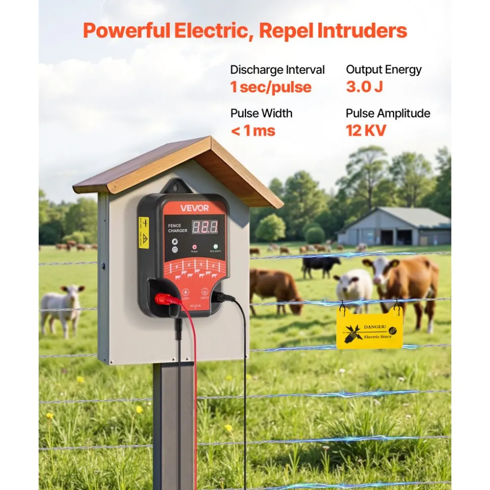 VEVOR Electric Fence Charger, 10kV 3J, AC DC Electric Fence Energizer with LED Indicator, 1.86 Miles Range, Powerful Plug-in Fences Charger, Prevents Wild Animals Intrusion for Livestock Poultry