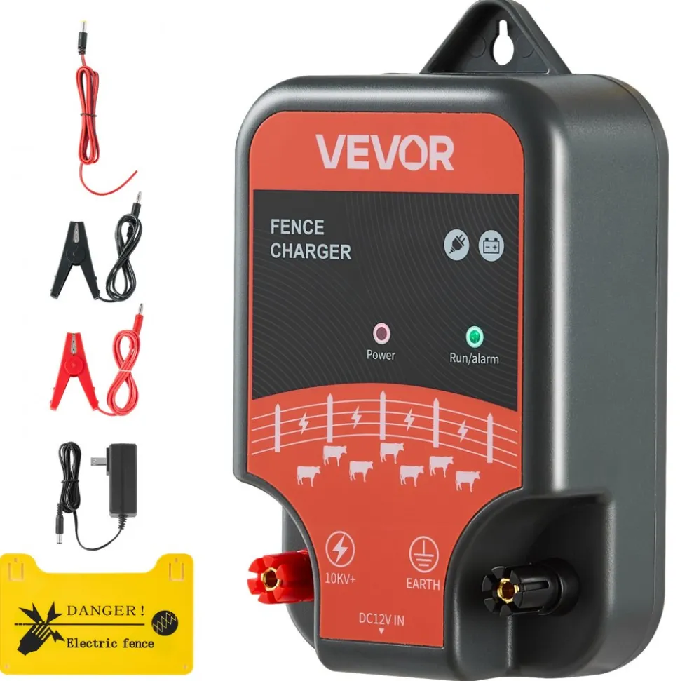 VEVOR Electric Fence Charger, 10kV 2J, AC DC Electric Fence Energizer with LED Indicator, 1.86 Miles Range, Powerful Plug-in Fences Charger, Prevents Wild Animals Intrusion for Livestock Poultry