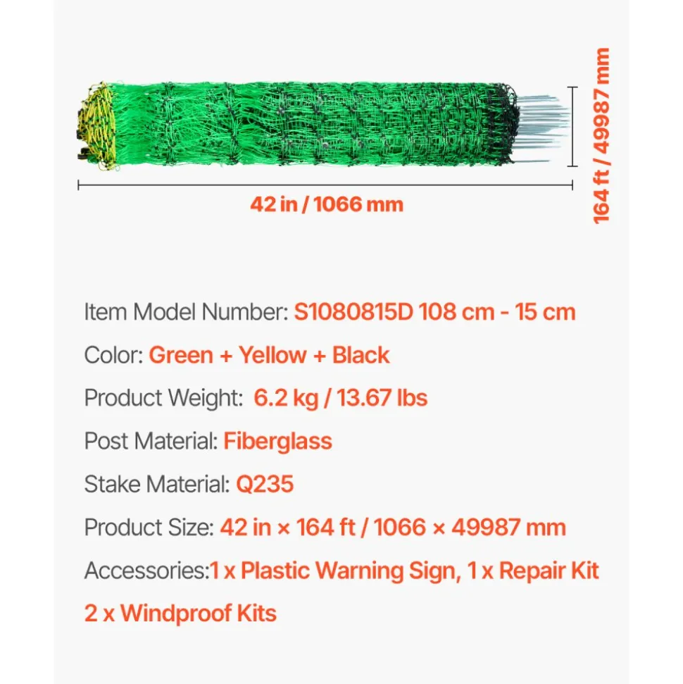 VEVOR Electric Fence Netting, 35" H x 164' L, PE Net Fencing with Posts & Double-Spiked Stakes, Utility Portable Mesh for Goats, Sheep, Lambs, Deer, Hogs, Dogs, Used in Backyards, Farms, and Ranches