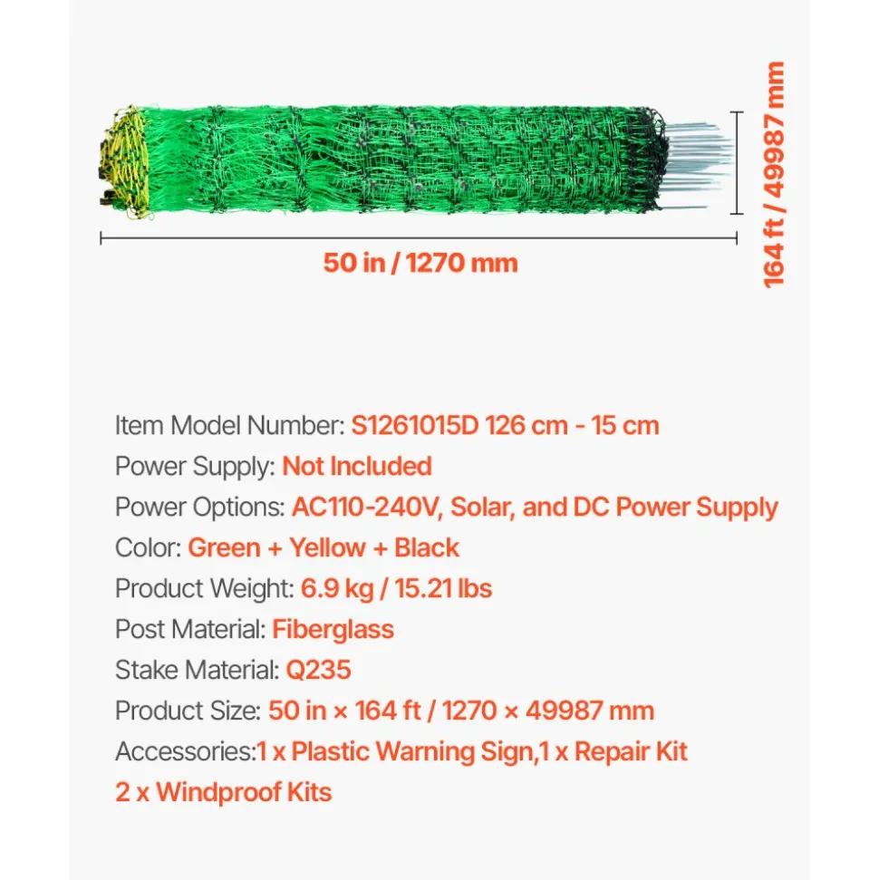 VEVOR Electric Fence Netting, 50" H x 164' L, Livestock Net Fencing with Posts & Stakes, Portable Mesh Nets for Goats, Sheep, Deer, Hogs, Dogs, Electric Fencing for Backyards, Gardens, Farms, Ranches