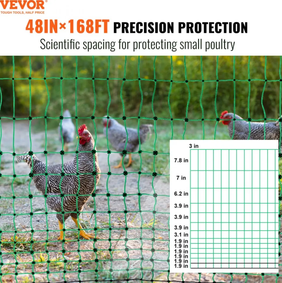 VEVOR Electric Fence Netting, 48" H x 168' L, PE Net Fencing Kit with Posts & Double-Spiked Stakes, Utility Portable Mesh for Chickens, Ducks, Geese, Rabbits, Used in Backyards, Farms, and Ranches