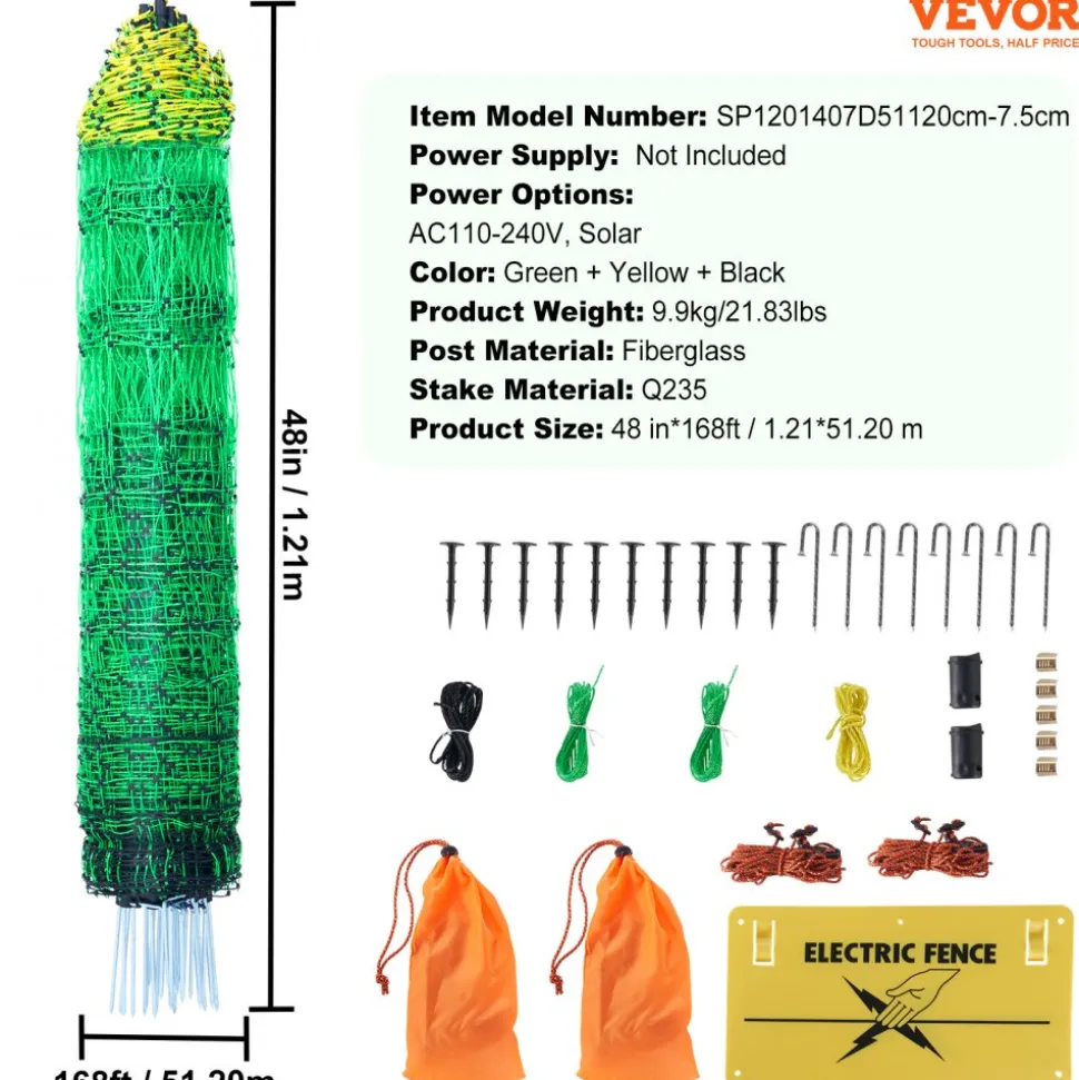 VEVOR Electric Fence Netting, 48" H x 168' L, PE Net Fencing Kit with Posts & Double-Spiked Stakes, Utility Portable Mesh for Chickens, Ducks, Geese, Rabbits, Used in Backyards, Farms, and Ranches