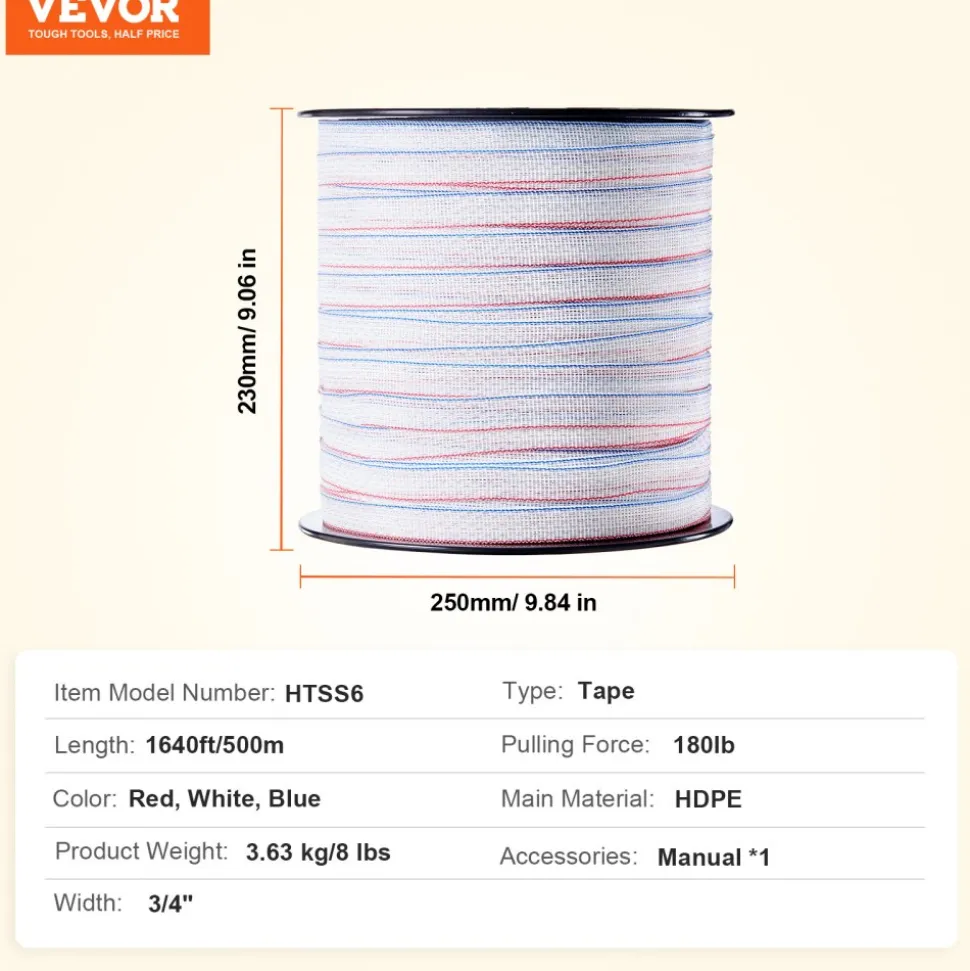 VEVOR Electric Fence Tape, 1640Ft 500M Polytape Fencing Hot Wire, 3/4" Width 6 Stainless Steel Strands for Reliable Conductivity, UV & Rust Resistance, Portable Polywire for Horse Cattle Livestock