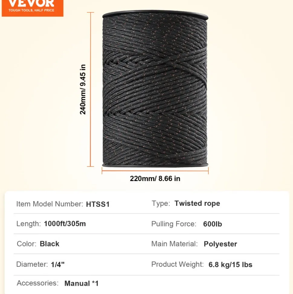 VEVOR Electric Fence Wire, 1000Ft 305M Portable Polywire, 1/4" Diameter 2 Copper Strands for Reliable Conductivity and Rust Resistance, Fencing Rope Line for Horse, Cattle, Livestock