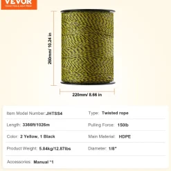 VEVOR Electric Fence Wire, 3366Ft 1026M Portable Polywire, 1/8