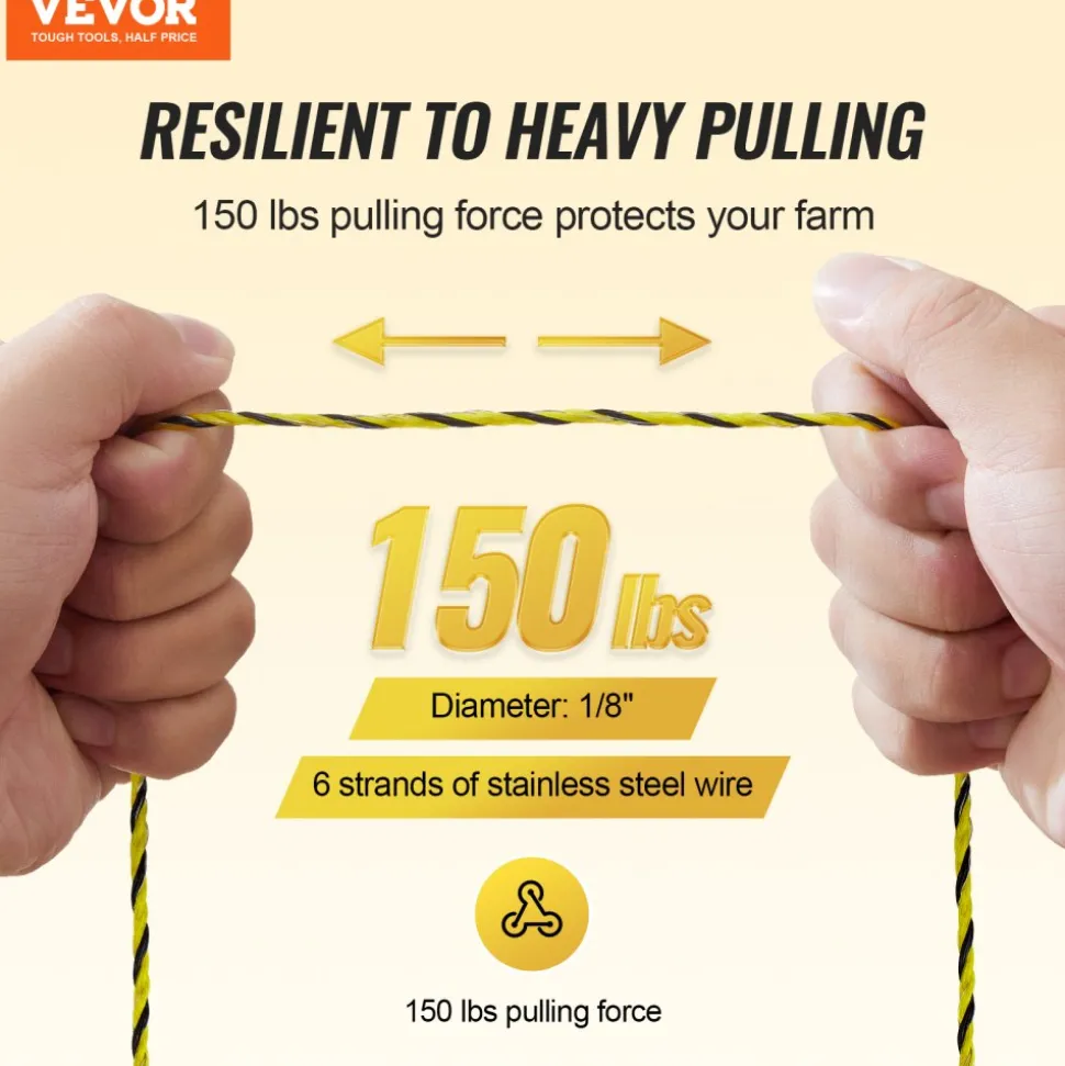 VEVOR Electric Fence Wire, 3366Ft 1026M Portable Polywire, 1/8" Diameter 6 Stainless Steel Strands for Reliable Conductivity and UV, Rust Resistance, Fencing Rope Line for Horse, Cattle, Livestock