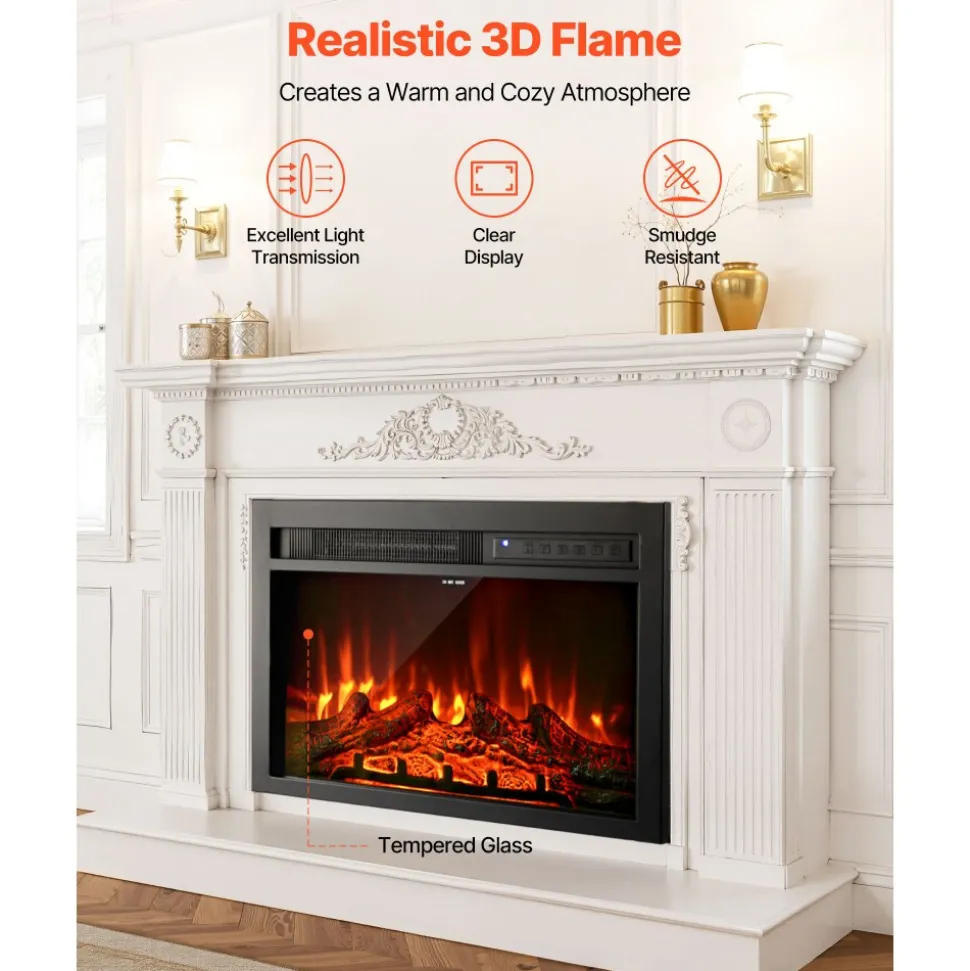 VEVOR Electric Fireplace Insert, 26 inch Recessed and Wall Mounted with Adjustable Flame Color Brightness & 8h Timer & Remote Control, Indoor Heater w/ 750W/1500W Dual Heating Modes, 5000BTU Black