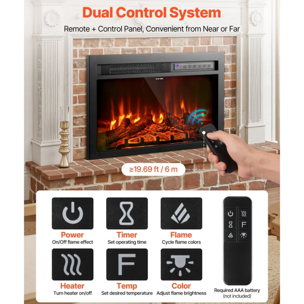 VEVOR Electric Fireplace Insert, 26 inch Recessed and Wall Mounted with Adjustable Flame Color Brightness & 8h Timer & Remote Control, Indoor Heater w/ 750W/1500W Dual Heating Modes, 5000BTU Black