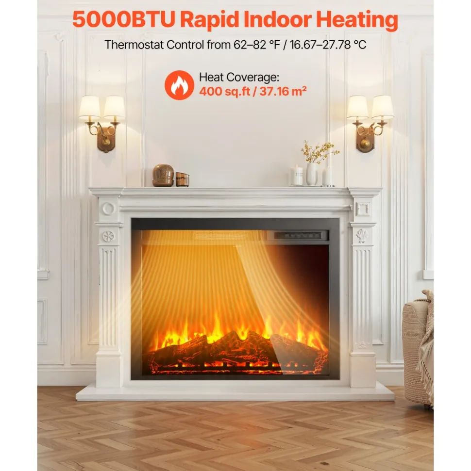 VEVOR Electric Fireplace Insert, 35 inch Recessed and Wall Mounted with Adjustable Flame Color Brightness & 8h Timer & Remote Control, Indoor Heater w/ 750W/1500W Dual Heating Modes, 5000BTU Black