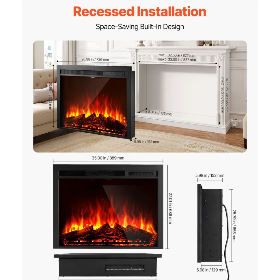 VEVOR Electric Fireplace Insert, 35 inch Recessed and Wall Mounted with Adjustable Flame Color Brightness & 8h Timer & Remote Control, Indoor Heater w/ 750W/1500W Dual Heating Modes, 5000BTU Black