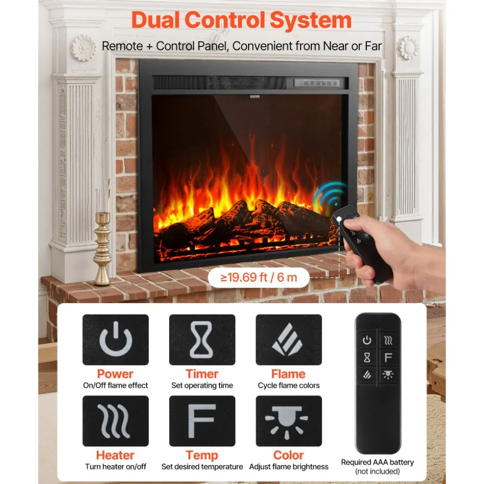 VEVOR Electric Fireplace Insert, 35 inch Recessed and Wall Mounted with Adjustable Flame Color Brightness & 8h Timer & Remote Control, Indoor Heater w/ 750W/1500W Dual Heating Modes, 5000BTU Black