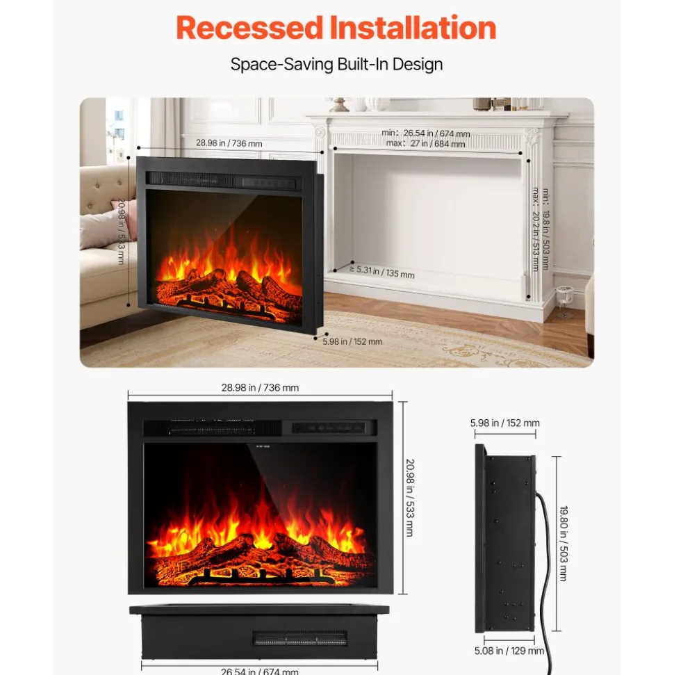 VEVOR Electric Fireplace Insert, 28.5 inch Recessed and Wall Mounted with Adjustable Flame Color Brightness & 8h Timer & Remote Control, Indoor Heater w/ 750W/1500W Dual Heating Modes, 5000BTU Black