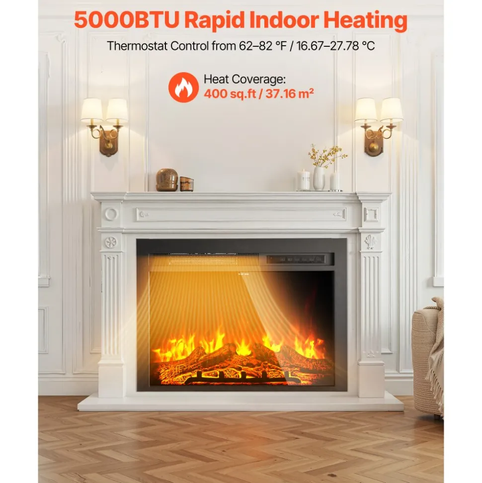 VEVOR Electric Fireplace Insert, 28.5 inch Recessed and Wall Mounted with Adjustable Flame Color Brightness & 8h Timer & Remote Control, Indoor Heater w/ 750W/1500W Dual Heating Modes, 5000BTU Black