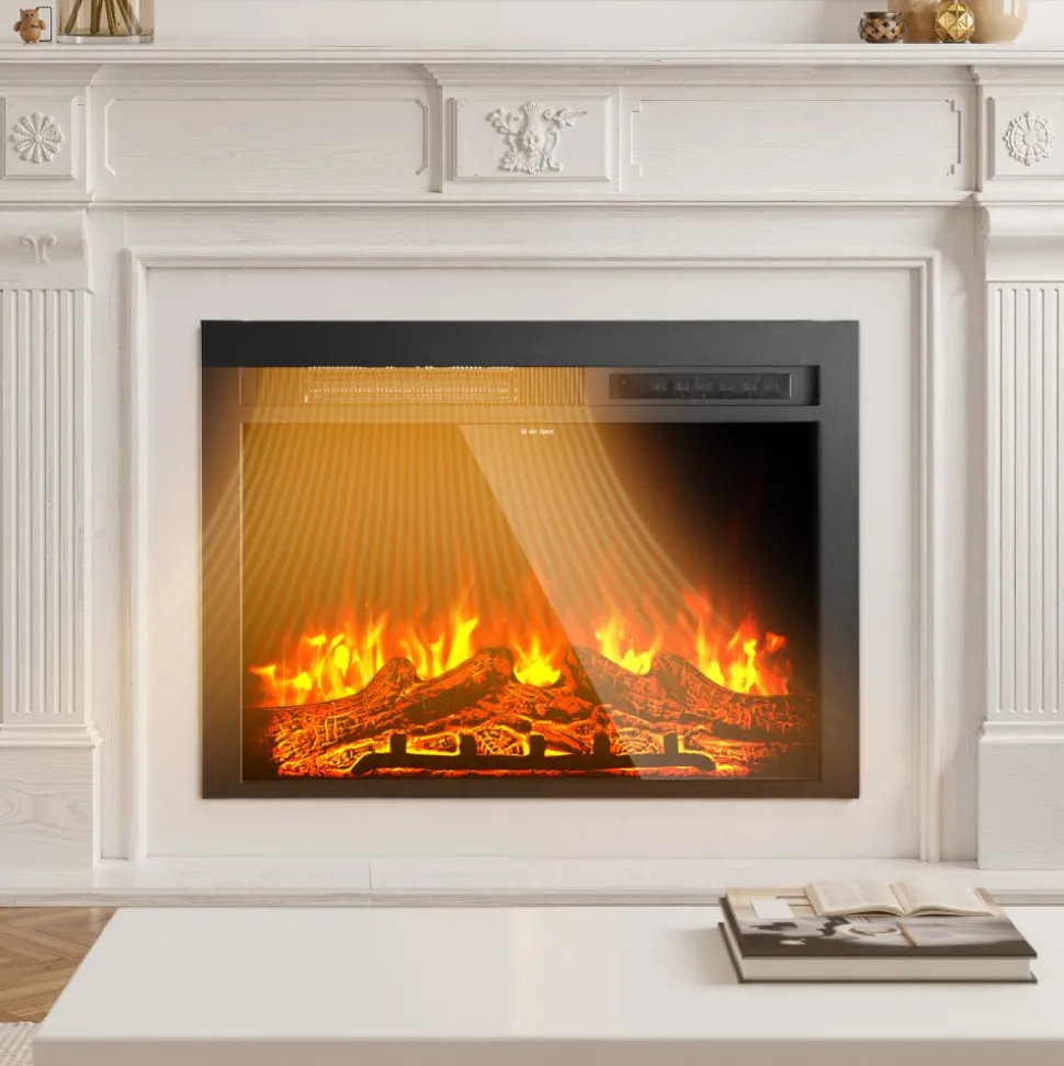 VEVOR Electric Fireplace Insert, 28.5 inch Recessed and Wall Mounted with Adjustable Flame Color Brightness & 8h Timer & Remote Control, Indoor Heater w/ 750W/1500W Dual Heating Modes, 5000BTU Black