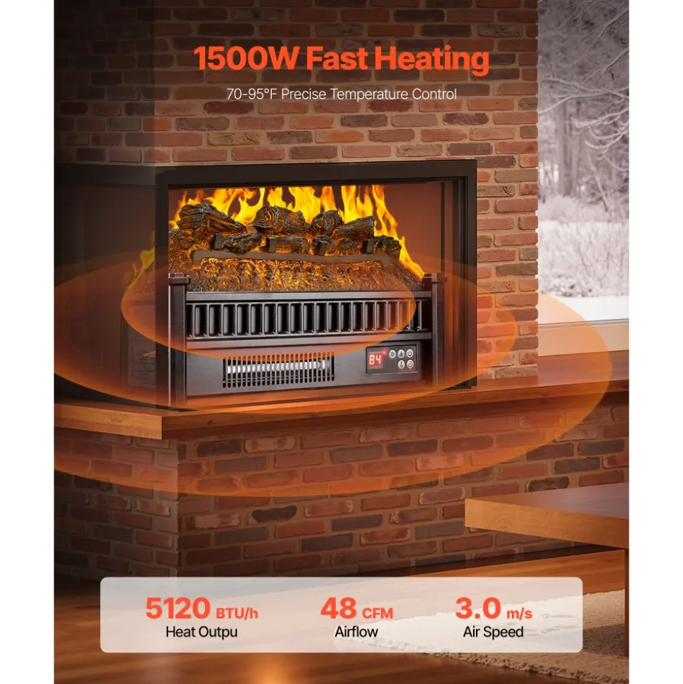 VEVOR Electric Fireplace Log, 20 inch Fireplace Insert Log Heater, with Remote Controller, 5 Adjustable Flame Brightness, 24H Timer, Overheat Protection, Thermostat, for Home and Office Decor Black