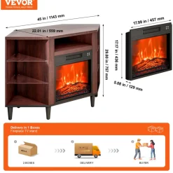 VEVOR Electric Fireplace TV Stand, Corner TV Stand for TVs up to 50", Corner Console with 18" Fireplace, Vintage Design, 20 LED Lights, Remote Control & Timer for Living Room, Brown
