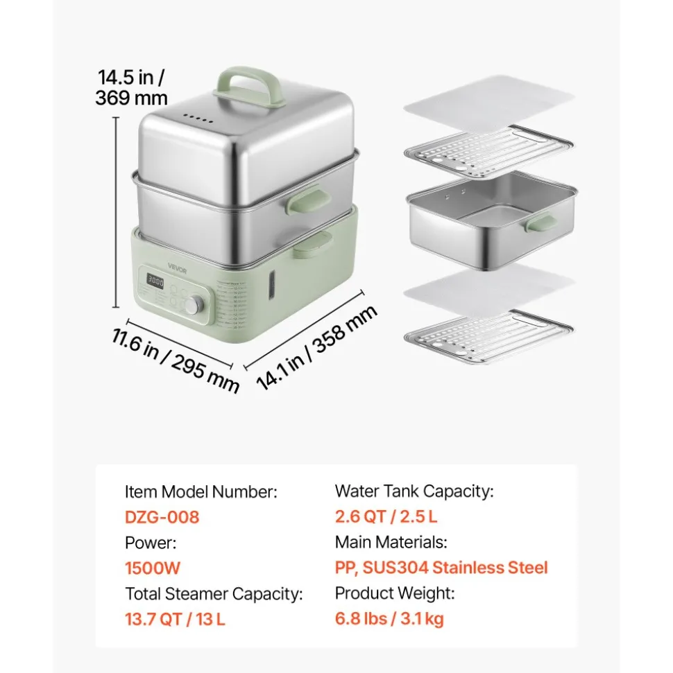 VEVOR Electric Food Steamer 10.6 QT Glass with 3-Tier Stainless Steel Trays, 1200W Vegetable Steamer for Cooking, 2-4 Servings, Pre-Programmed Settings, Delay Start, for Veggies, Seafood & Rice, White