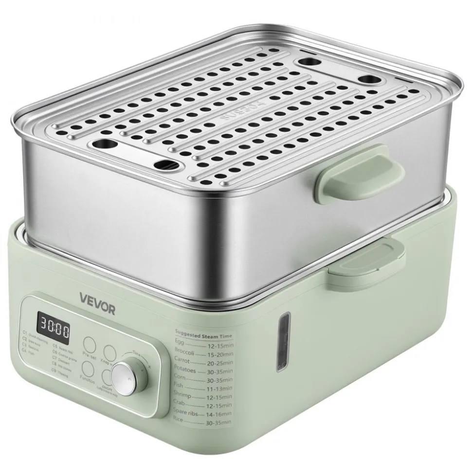 VEVOR Electric Food Steamer 13.7 QT 2-Tier Stainless Steel for 3-6 Servings, 1500W Vegetable & Meal Steamer for Cooking with 9 Pre-Programmed Settings, Keep Warm, for Veggies, Seafood & Rice, Green