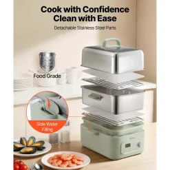 VEVOR Electric Food Steamer 10.6 QT Glass with 3-Tier Stainless Steel Trays, 1200W Vegetable Steamer for Cooking, 2-4 Servings, Pre-Programmed Settings, Delay Start, for Veggies, Seafood & Rice, White