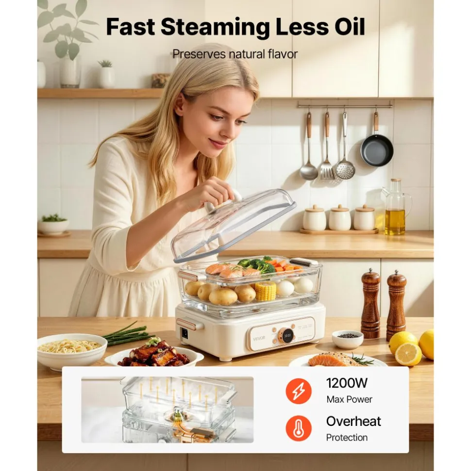 VEVOR Electric Food Steamer 6.3 QT Glass with 2-Tier Stainless Steel Trays, 1200W Vegetable Steamer for Cooking, 1-3 Servings, Pre-Programmed Settings, Delay Start, for Veggies, Seafood & Rice, White