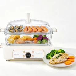 VEVOR Electric Food Steamer 6.3 QT Glass with 2-Tier Stainless Steel Trays, 1200W Vegetable Steamer for Cooking, 1-3 Servings, Pre-Programmed Settings, Delay Start, for Veggies, Seafood & Rice, White